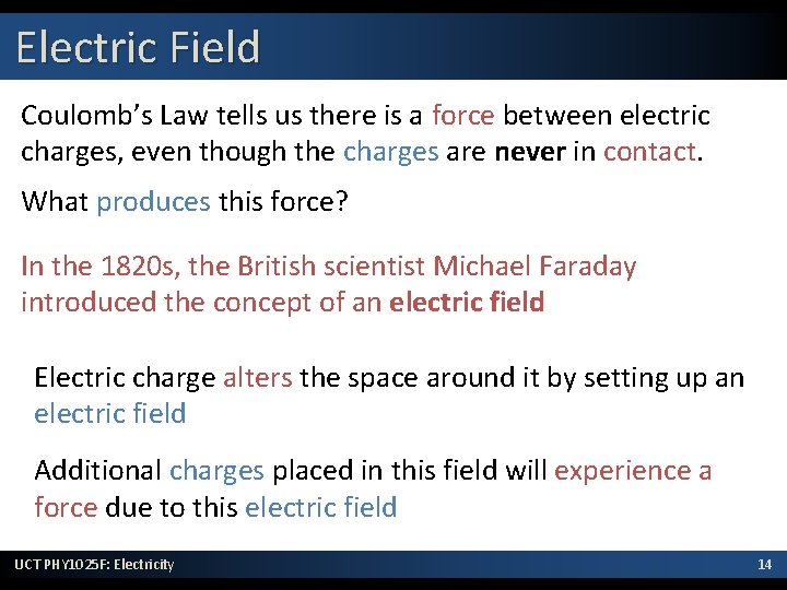 Electric Field Coulomb’s Law tells us there is a force between electric charges, even