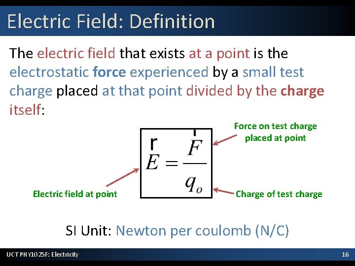 Electric Field: Definition The electric field that exists at a point is the electrostatic Electric Field: Definition The electric field that exists at a point is the electrostatic