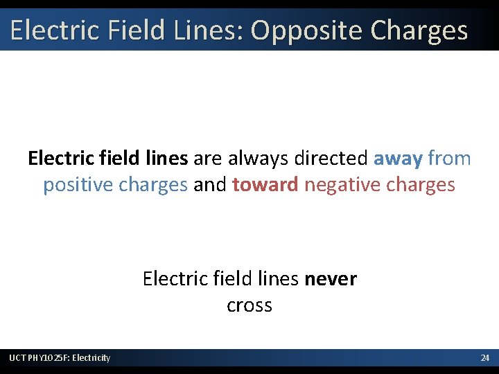 Electric Field Lines: Opposite Charges Electric field lines are always directed away from positive