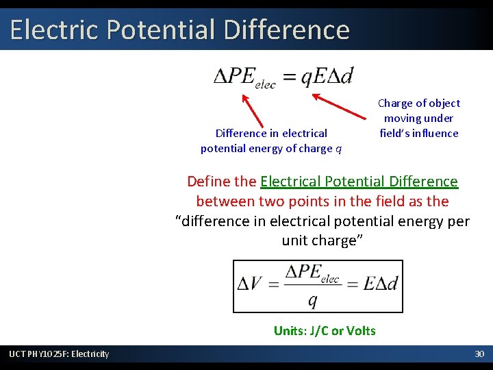 Electric Potential Difference in electrical potential energy of charge q Charge of object moving Electric Potential Difference in electrical potential energy of charge q Charge of object moving