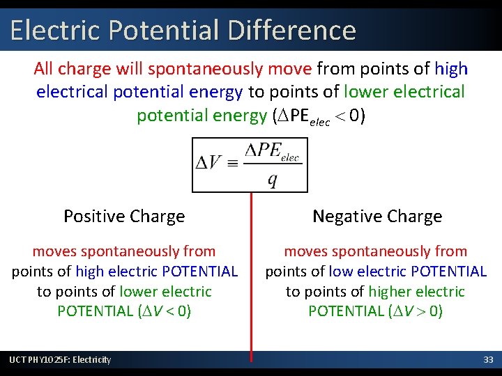 Electric Potential Difference All charge will spontaneously move from points of high electrical potential