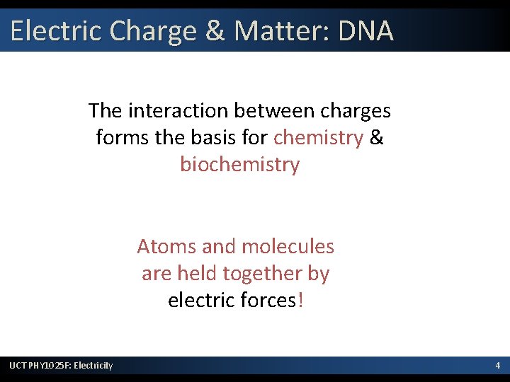 Electric Charge & Matter: DNA The interaction between charges forms the basis for chemistry