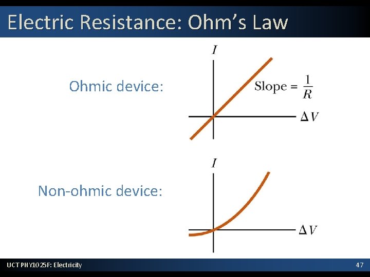 Electric Resistance: Ohm’s Law Ohmic device: Non-ohmic device: UCT PHY 1025 F: Electricity 47