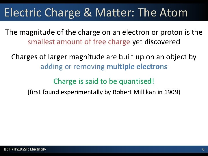 Electric Charge & Matter: The Atom The magnitude of the charge on an electron