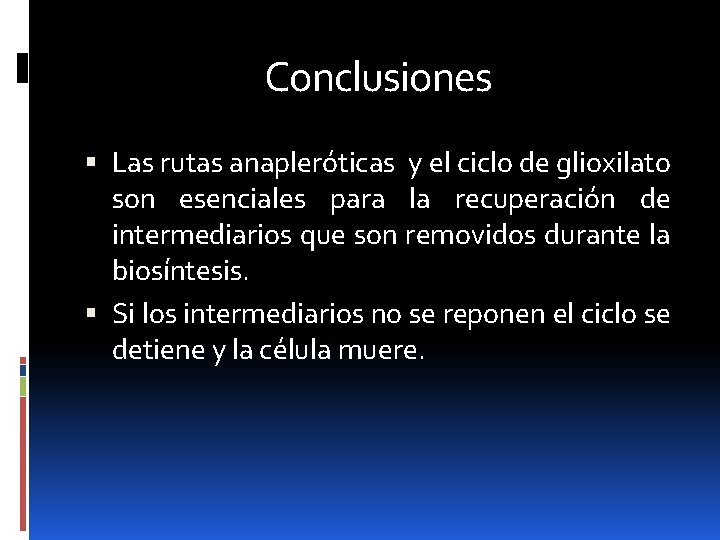 Conclusiones Las rutas anapleróticas y el ciclo de glioxilato son esenciales para la recuperación