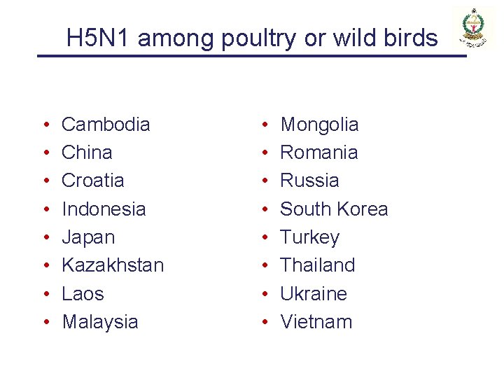 H 5 N 1 among poultry or wild birds • • Cambodia China Croatia