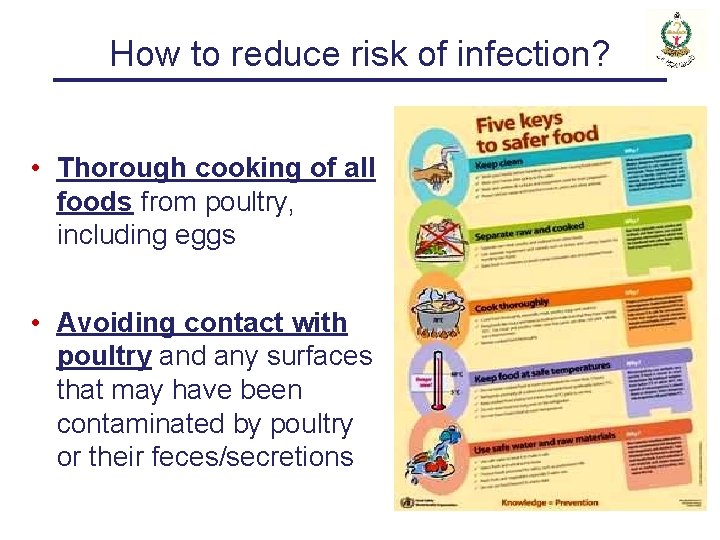 How to reduce risk of infection? • Thorough cooking of all foods from poultry,