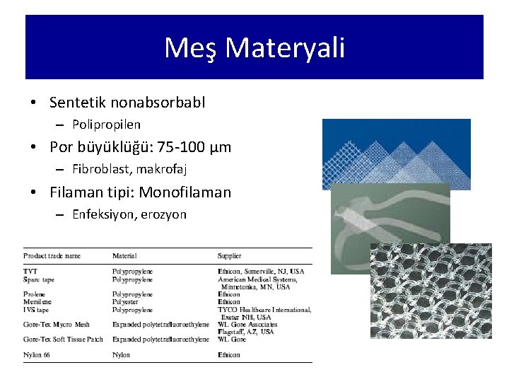 Meş Materyali • Sentetik nonabsorbabl – Polipropilen • Por büyüklüğü: 75 -100 µm –