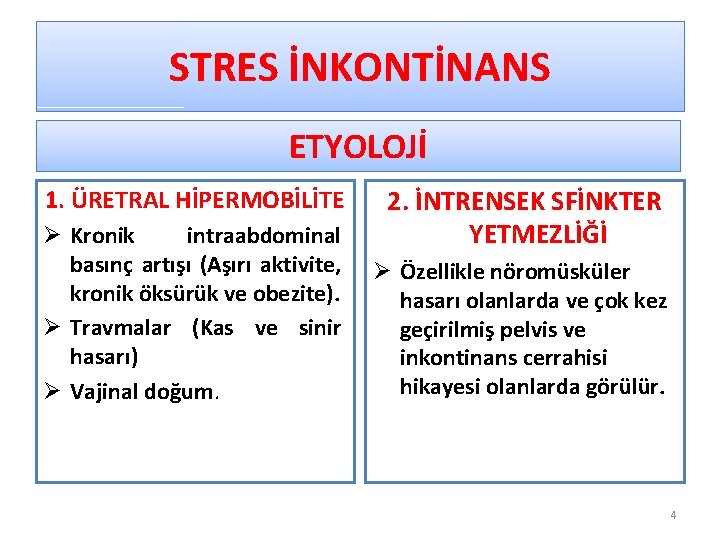 STRES İNKONTİNANS ETYOLOJİ 1. ÜRETRAL HİPERMOBİLİTE Ø Kronik intraabdominal basınç artışı (Aşırı aktivite, kronik