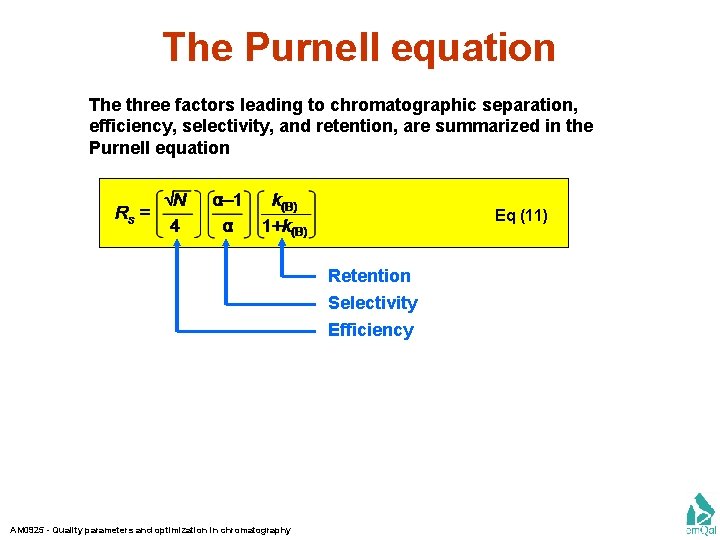 The Purnell equation The three factors leading to chromatographic separation, efficiency, selectivity, and retention,