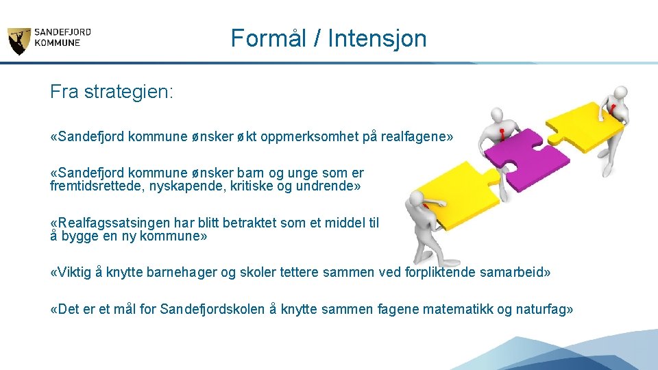 Formål / Intensjon Fra strategien: «Sandefjord kommune ønsker økt oppmerksomhet på realfagene» «Sandefjord kommune