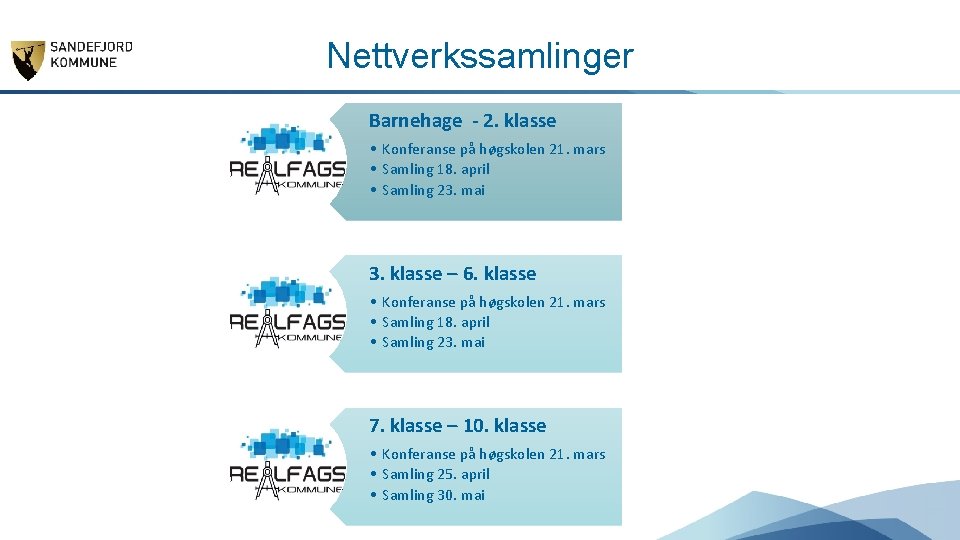 Nettverkssamlinger Barnehage - 2. klasse • Konferanse på høgskolen 21. mars • Samling 18.