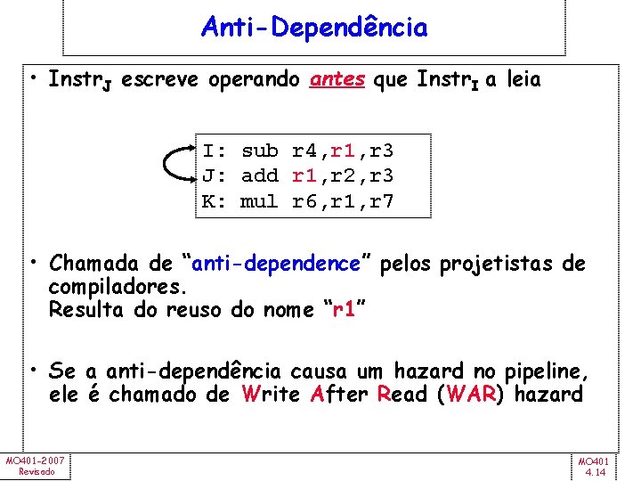 Anti-Dependência • Instr. J escreve operando antes que Instr. I a leia I: sub