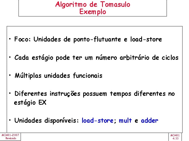 Algoritmo de Tomasulo Exemplo • Foco: Unidades de ponto-flutuante e load-store • Cada estágio