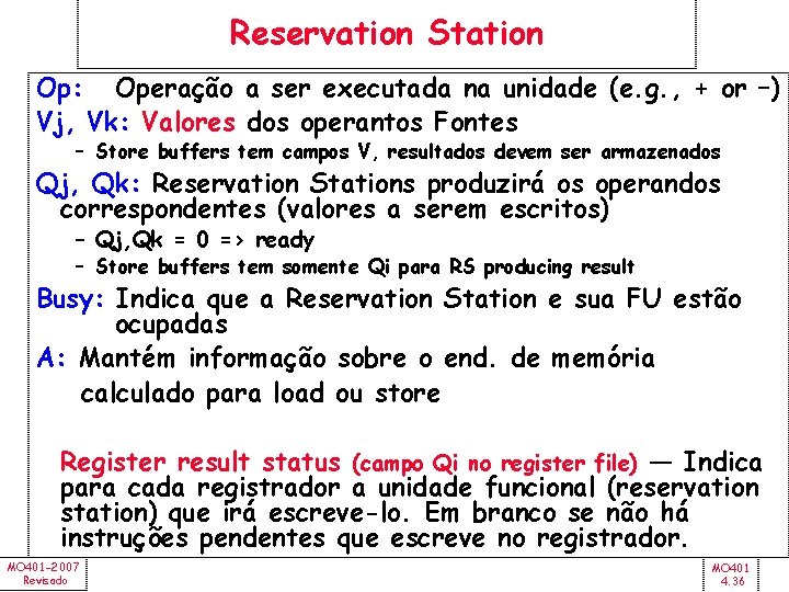 Reservation Station Op: Operação a ser executada na unidade (e. g. , + or