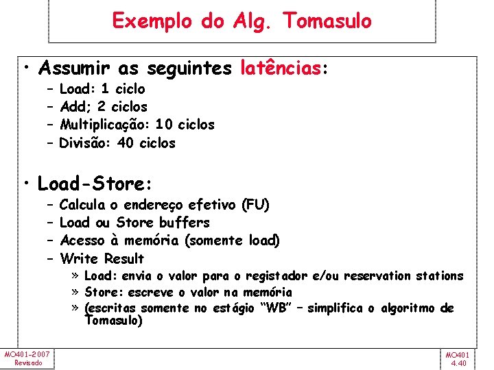 Exemplo do Alg. Tomasulo • Assumir as seguintes latências: – – Load: 1 ciclo