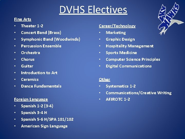 DVHS Electives Fine Arts • Theater 1 -2 • Concert Band (Brass) • Symphonic