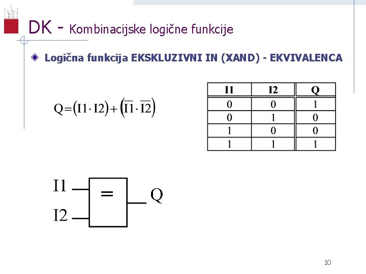 DK - Kombinacijske logične funkcije Logična funkcija EKSKLUZIVNI IN (XAND) - EKVIVALENCA 10 