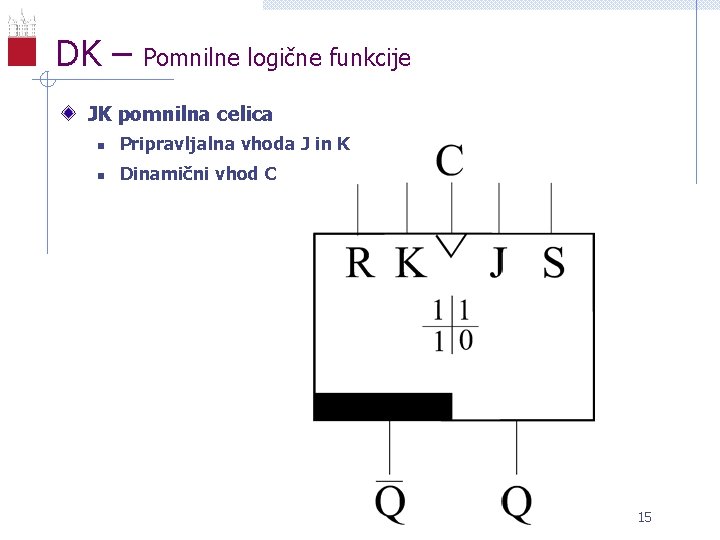 DK – Pomnilne logične funkcije JK pomnilna celica n Pripravljalna vhoda J in K