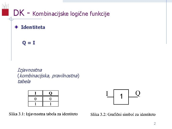DK - Kombinacijske logične funkcije Identiteta Q=I Izjavnostna (kombinacijska, pravilnostna) tabela 2 