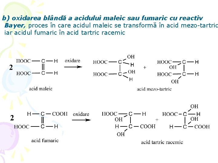 b) oxidarea blândă a acidului maleic sau fumaric cu reactiv Bayer, proces în care