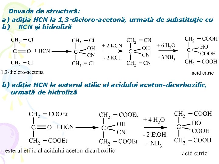 Dovada de structură: a) adiţia HCN la 1, 3 -dicloro-acetonă, urmată de substituţie cu
