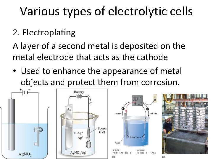 Various types of electrolytic cells 2. Electroplating A layer of a second metal is