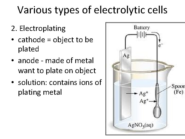 Various types of electrolytic cells 2. Electroplating • cathode = object to be plated