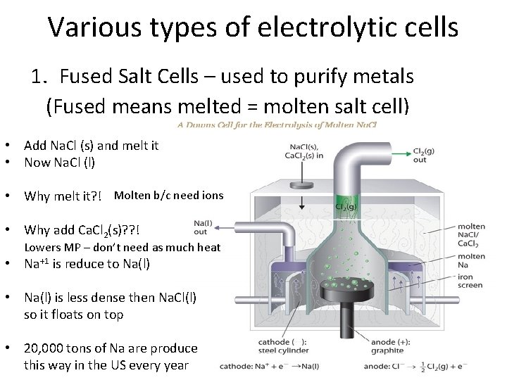 Various types of electrolytic cells 1. Fused Salt Cells – used to purify metals