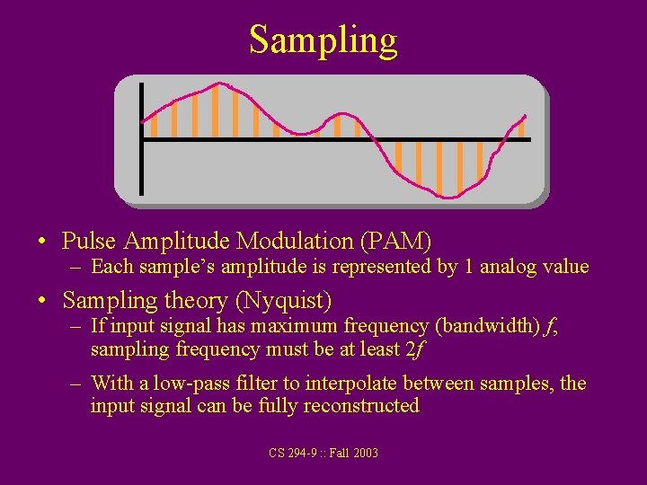 Sampling • Pulse Amplitude Modulation (PAM) – Each sample’s amplitude is represented by 1
