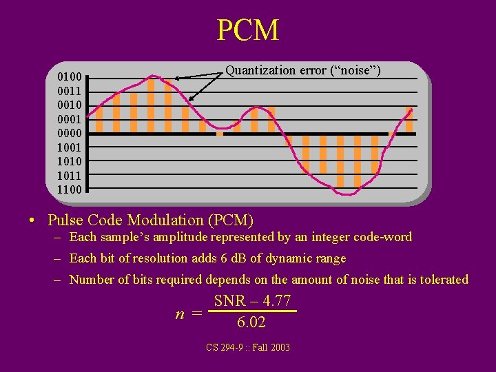 PCM 0100 0011 0010 0001 0000 1001 1010 1011 1100 Quantization error (“noise”) •