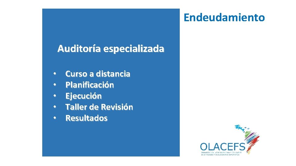 Endeudamiento • • • Auditoría especializada Curso a distancia Planificación Ejecución Taller de Revisión