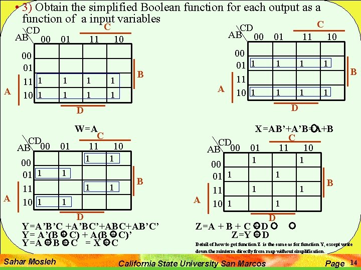  • 3) Obtain the simplified Boolean function for each output as a function