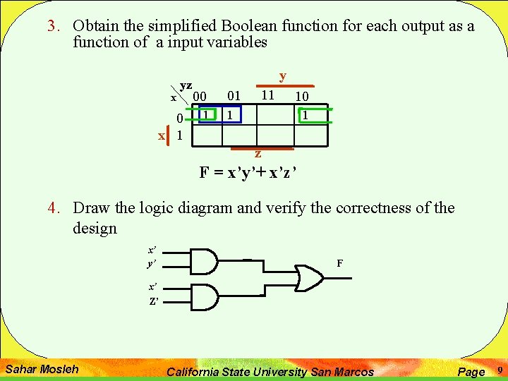 3. Obtain the simplified Boolean function for each output as a function of a
