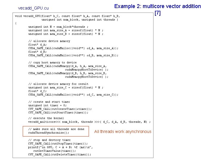 vecadd_GPU. cu Example 2: multicore vector addition [7] All threads work asynchronous 
