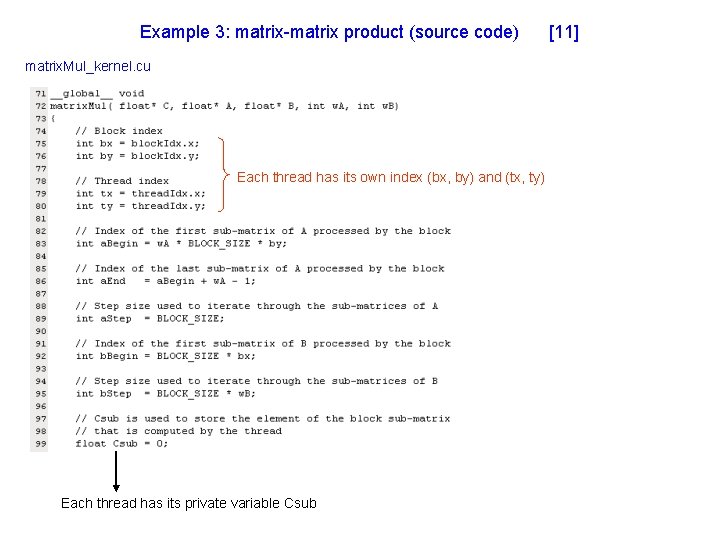 Example 3: matrix-matrix product (source code) matrix. Mul_kernel. cu Each thread has its own