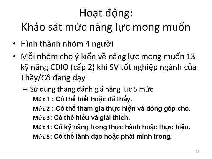 Hoạt động: Khảo sát mức năng lực mong muốn • Hình thành nhóm 4