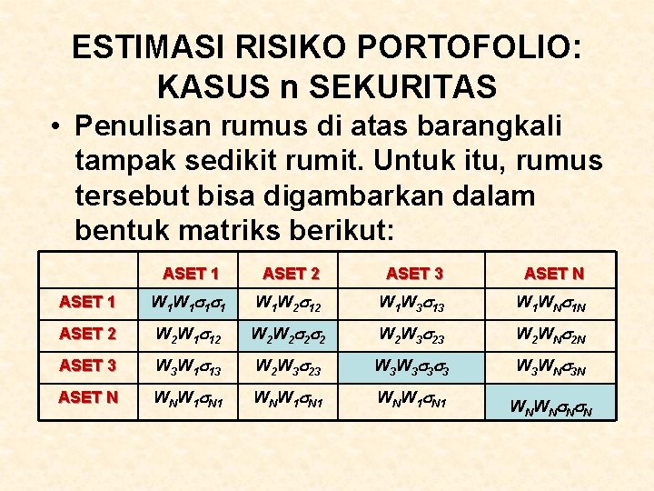 ESTIMASI RISIKO PORTOFOLIO: KASUS n SEKURITAS • Penulisan rumus di atas barangkali tampak sedikit