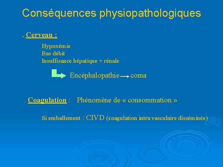 Conséquences physiopathologiques. Cerveau : Hypoxémie Bas débit Insuffisance hépatique + rénale Encéphalopathie coma. Coagulation