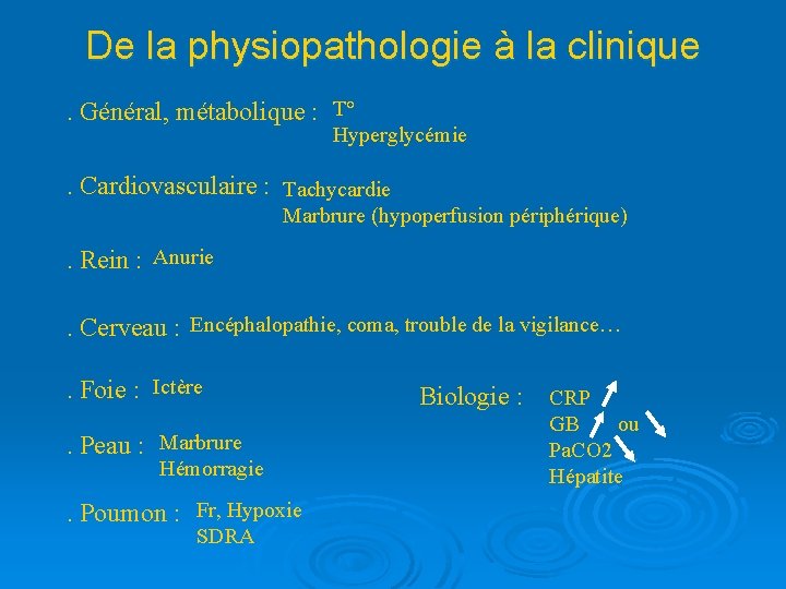 De la physiopathologie à la clinique. Général, métabolique : T° Hyperglycémie . Cardiovasculaire :