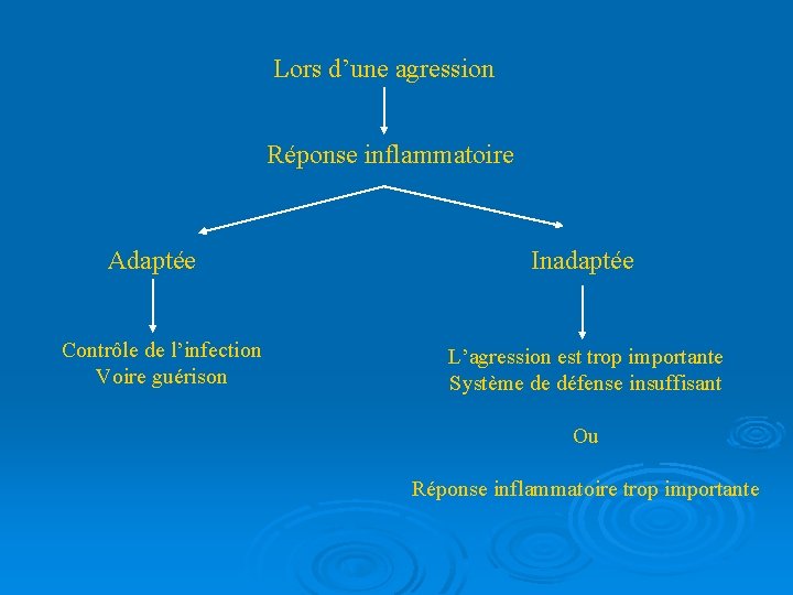 Lors d’une agression Réponse inflammatoire Adaptée Contrôle de l’infection Voire guérison Inadaptée L’agression est