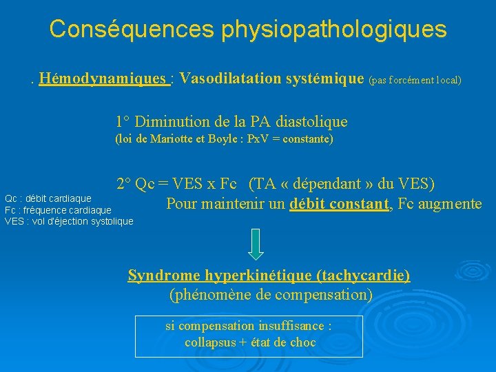 Conséquences physiopathologiques. Hémodynamiques : Vasodilatation systémique (pas forcément local) 1° Diminution de la PA