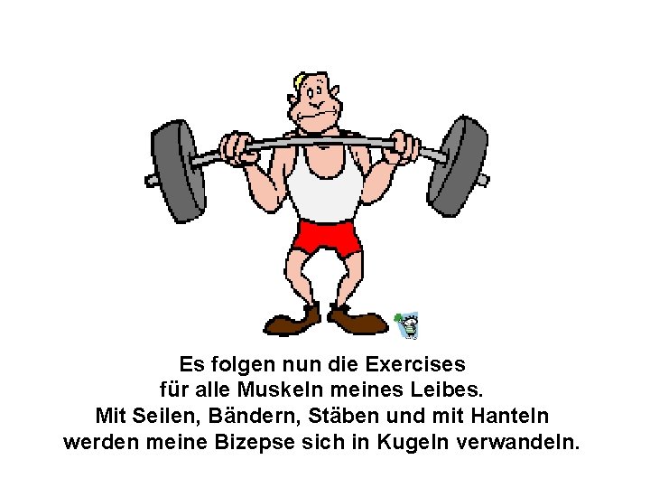Es folgen nun die Exercises für alle Muskeln meines Leibes. Mit Seilen, Bändern, Stäben