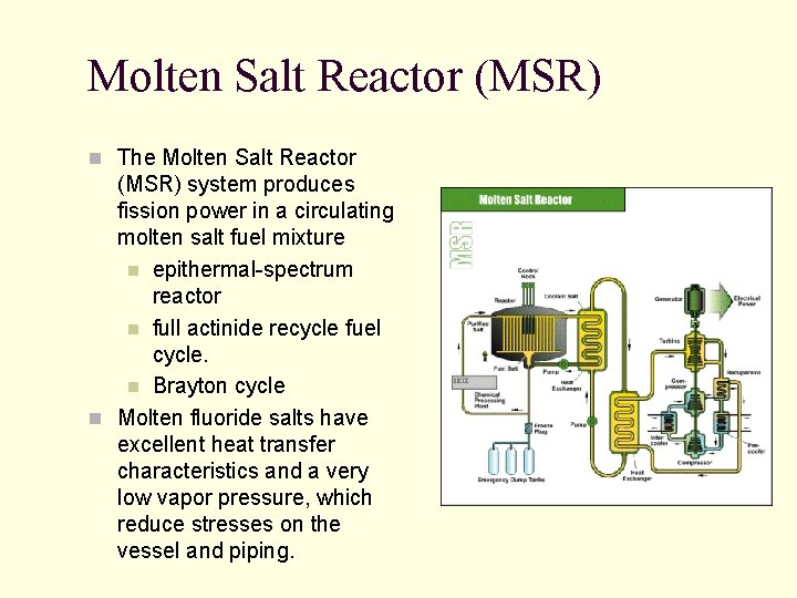 Molten Salt Reactor (MSR) n The Molten Salt Reactor (MSR) system produces fission power Molten Salt Reactor (MSR) n The Molten Salt Reactor (MSR) system produces fission power