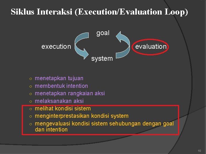 Siklus Interaksi (Execution/Evaluation Loop) goal execution evaluation system ○ menetapkan tujuan ○ membentuk intention