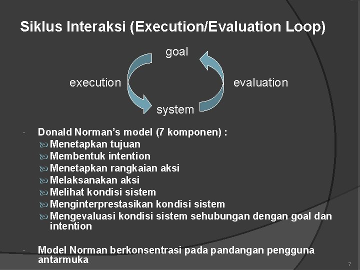 Siklus Interaksi (Execution/Evaluation Loop) goal execution evaluation system Donald Norman’s model (7 komponen) :