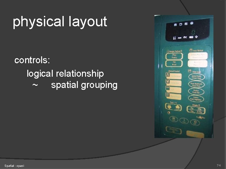 physical layout controls: logical relationship ~ spatial grouping Spatial : spasi 74 