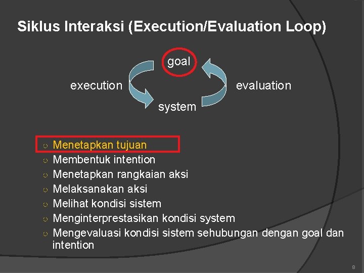 Siklus Interaksi (Execution/Evaluation Loop) goal execution evaluation system ○ Menetapkan tujuan ○ Membentuk intention