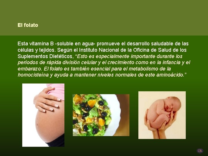 El folato Esta vitamina B -soluble en agua- promueve el desarrollo saludable de las