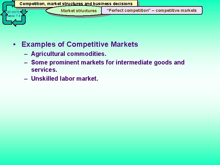 Competition, market structures and business decisions ECW 2731 Weeks 7 & 8 Market structures